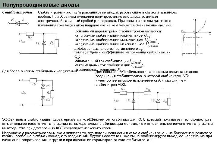 Полупроводниковые диоды Стабилитроны Стабилитроны - это полупроводниковые диоды, работающие в облас­ти