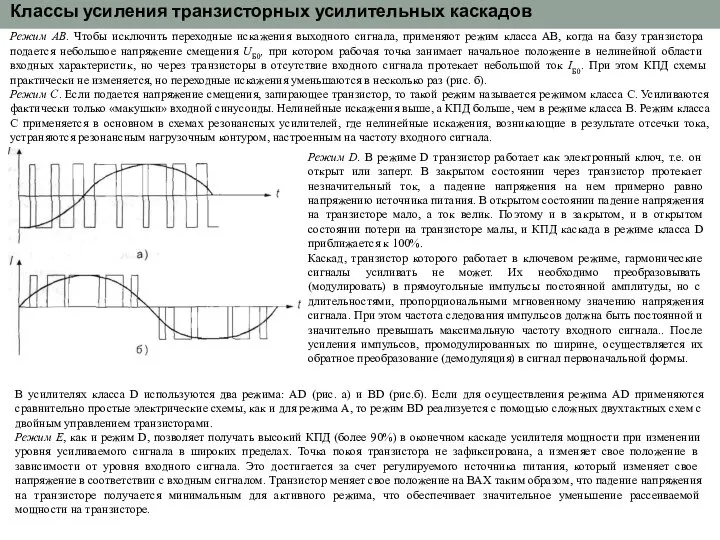 Классы усиления транзисторных усилительных каскадов Режим АВ. Чтобы исключить переходные искажения