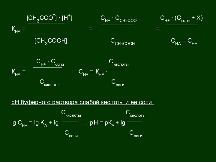 [СH3СОО-] ∙ [Н+] CH+ ∙ CCH3COO- CH+ ∙ (Cсоли + Х)