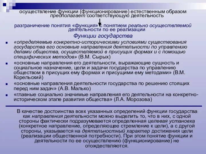 осуществление функции (функционирование) естественным образом предполагает соответствующую деятельность разграничение понятия «функция»