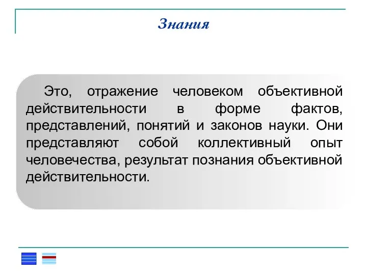 Знания Это, отражение человеком объективной действительности в форме фактов, представлений, понятий