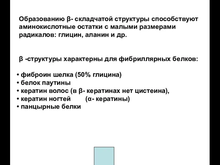 Образованию β- складчатой структуры способствуют аминокислотные остатки с малыми размерами радикалов: