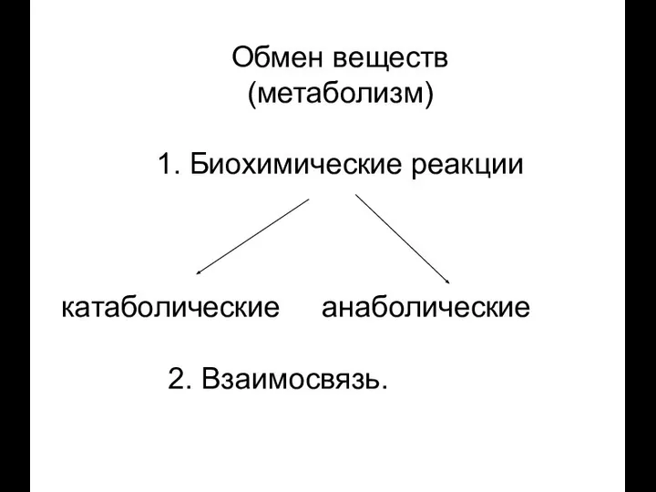 Обмен веществ (метаболизм) 1. Биохимические реакции катаболические анаболические 2. Взаимосвязь.