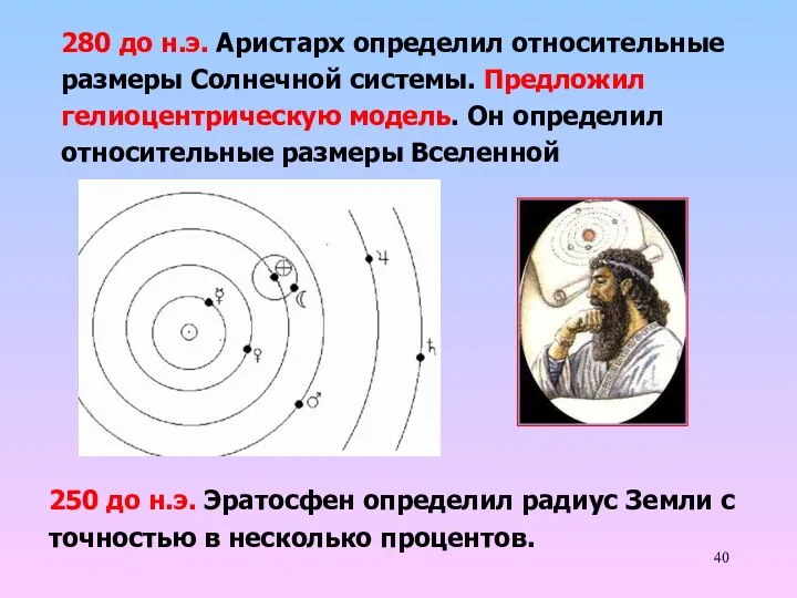 280 до н.э. Аристарх определил относительные размеры Солнечной системы. Предложил гелиоцентрическую