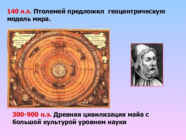 140 н.э. Птолемей предложил геоцентрическую модель мира. 300-900 н.э. Древняя цивилизация