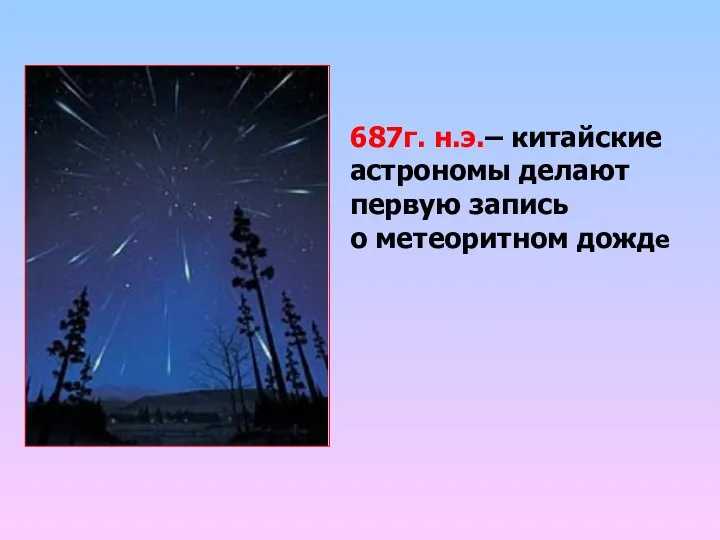 687г. н.э.– китайские астрономы делают первую запись о метеоритном дожде