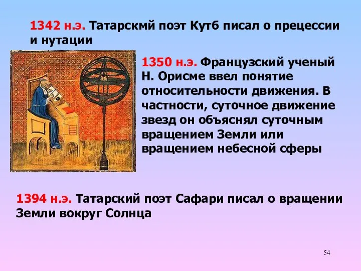 1350 н.э. Французский ученый Н. Орисме ввел понятие относительности движения. В