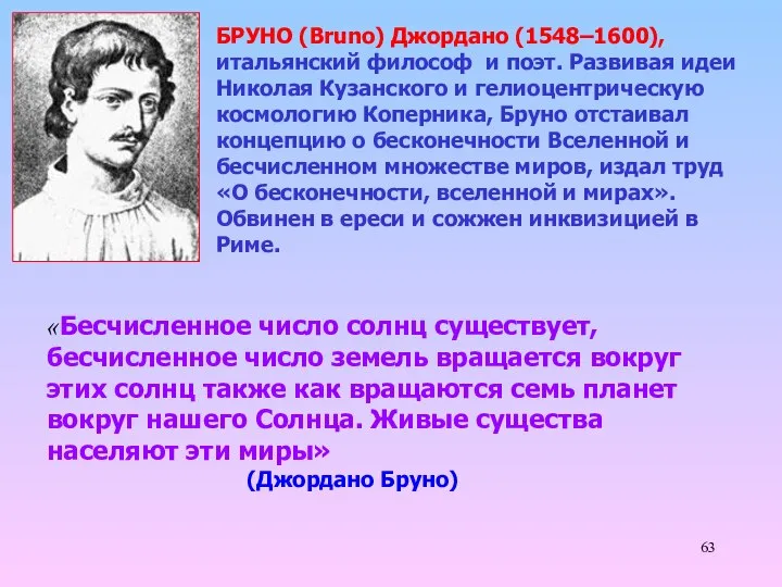 БРУНО (Bruno) Джордано (1548–1600), итальянский философ и поэт. Развивая идеи Николая