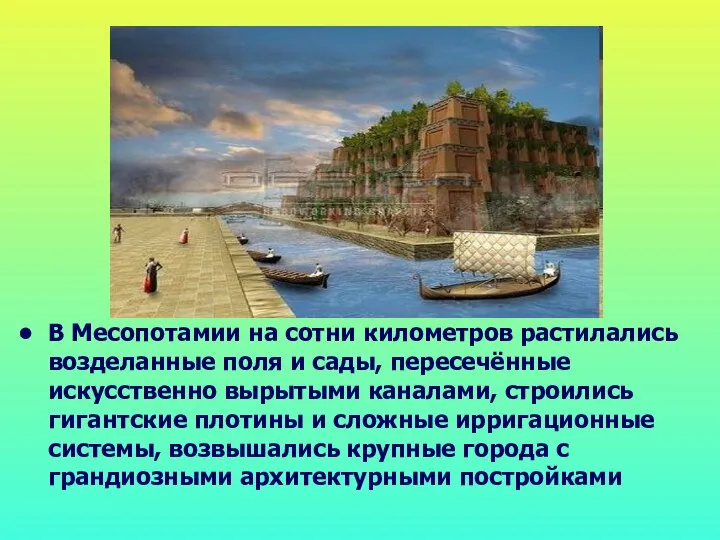 В Месопотамии на сотни километров растилались возделанные поля и сады, пересечённые