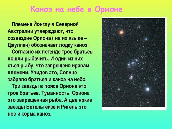 Племена Йонглу в Северной Австралии утверждают, что созвездие Ориона ( на