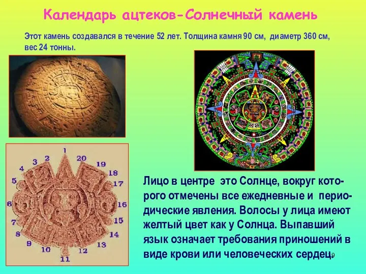 Календарь ацтеков-Солнечный камень Лицо в центре это Солнце, вокруг кото- рого