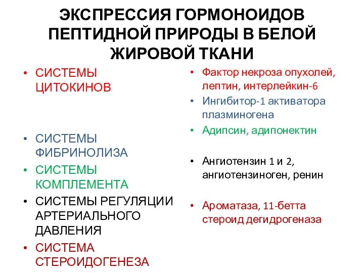 ЭКСПРЕССИЯ ГОРМОНОИДОВ ПЕПТИДНОЙ ПРИРОДЫ В БЕЛОЙ ЖИРОВОЙ ТКАНИ СИСТЕМЫ ЦИТОКИНОВ СИСТЕМЫ