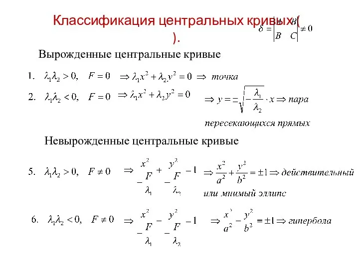 Классификация центральных кривых ( ). Вырожденные центральные кривые Невырожденные центральные кривые