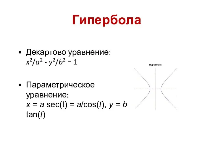 Гипербола Декартово уравнение: x2/a2 - y2/b2 = 1 Параметрическое уравнение: x