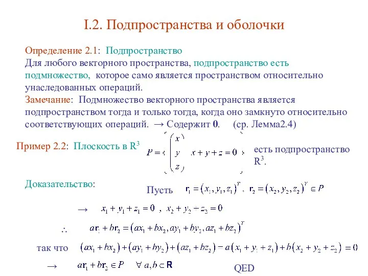 I.2. Подпространства и оболочки Определение 2.1: Подпространство Для любого векторного пространства,