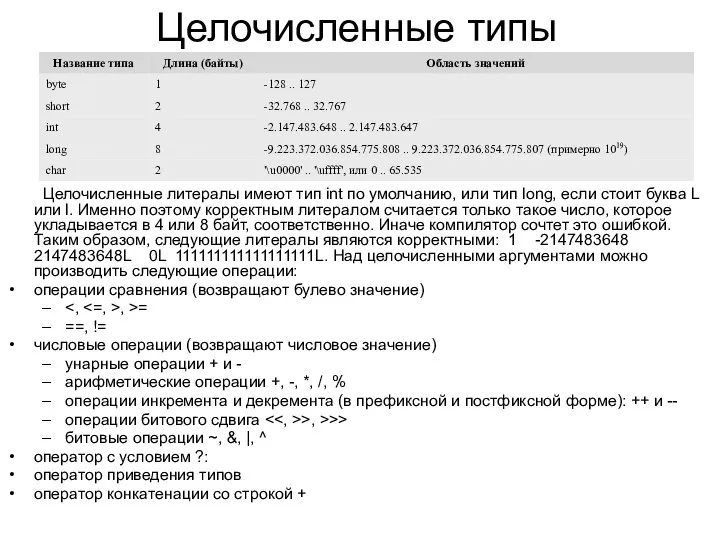 Целочисленные типы Целочисленные литералы имеют тип int по умолчанию, или тип