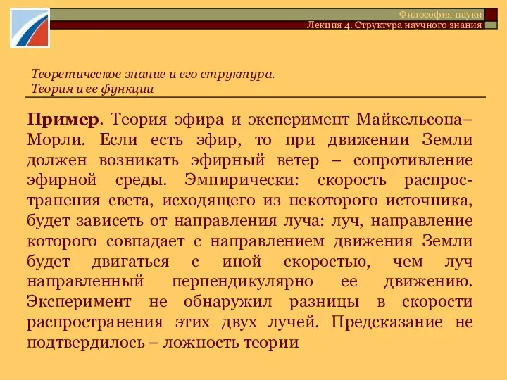 Пример. Теория эфира и эксперимент Майкельсона–Морли. Если есть эфир, то при