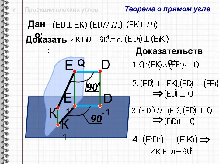 6. Проекции плоских углов. Теорема о прямом угле П1 D1 D