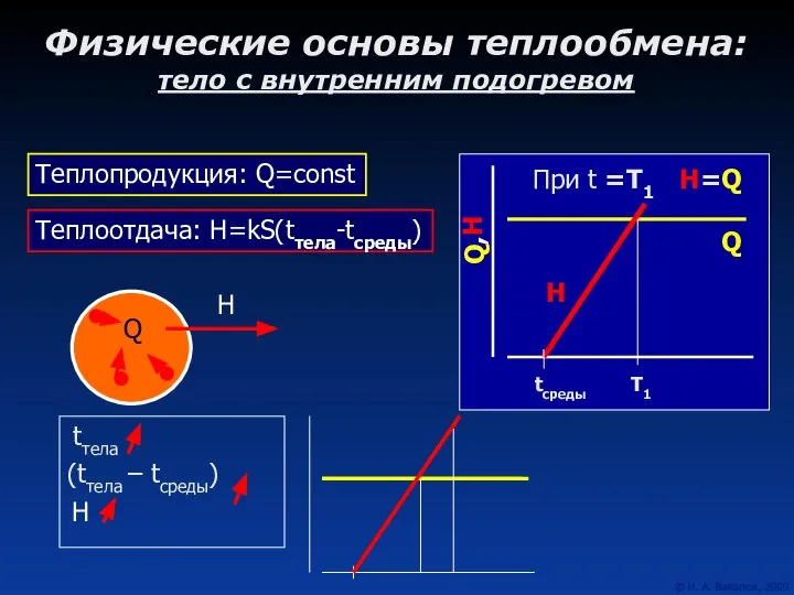 Физические основы теплообмена: тело с внутренним подогревом Теплопродукция: Q=const Теплоотдача: Н=kS(tтела-tсреды)