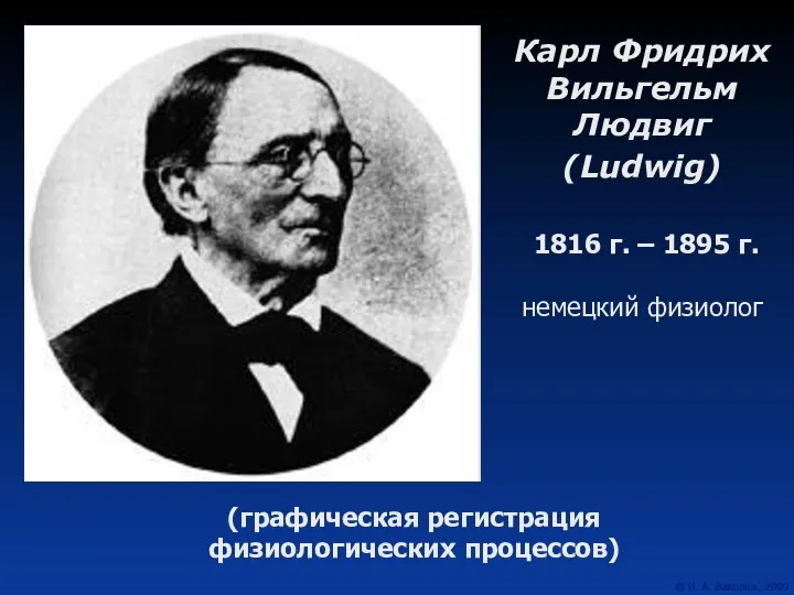 Карл Фридрих Вильгельм Людвиг (Ludwig) 1816 г. – 1895 г. немецкий физиолог (графическая регистрация физиологических процессов)