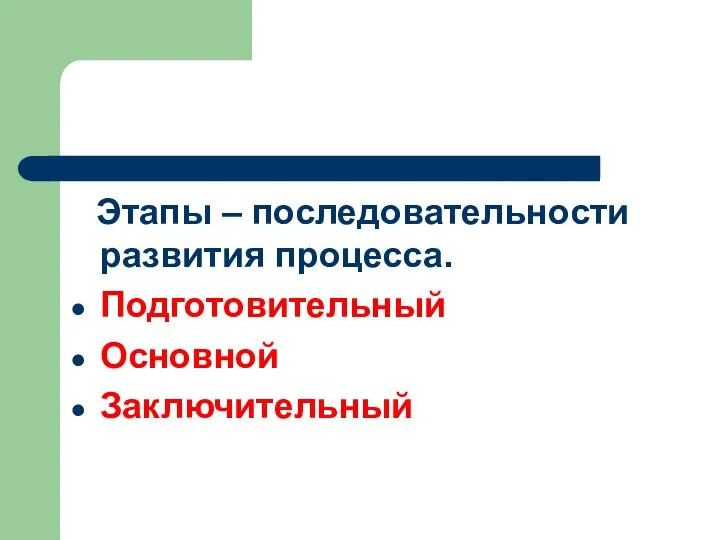 Этапы – последовательности развития процесса. Подготовительный Основной Заключительный