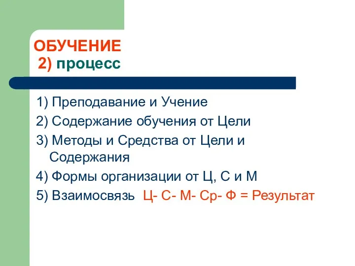 ОБУЧЕНИЕ 2) процесс 1) Преподавание и Учение 2) Содержание обучения от