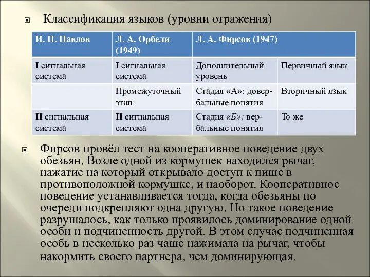 Классификация языков (уровни отражения) Фирсов провёл тест на кооперативное поведение двух