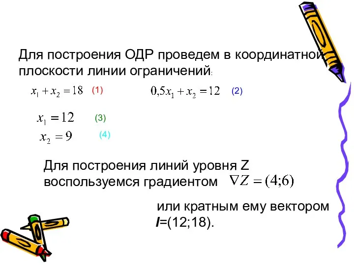 Для построения ОДР проведем в координатной плоскости линии ограничений: (1) (2)