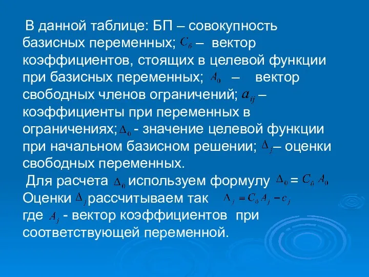 В данной таблице: БП – совокупность базисных переменных; – вектор коэффициентов,