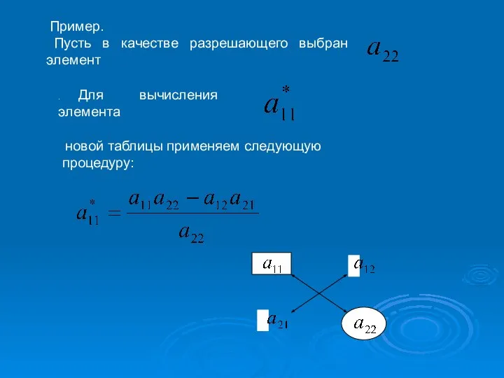 Пример. Пусть в качестве разрешающего выбран элемент . Для вычисления элемента новой таблицы применяем следующую процедуру: