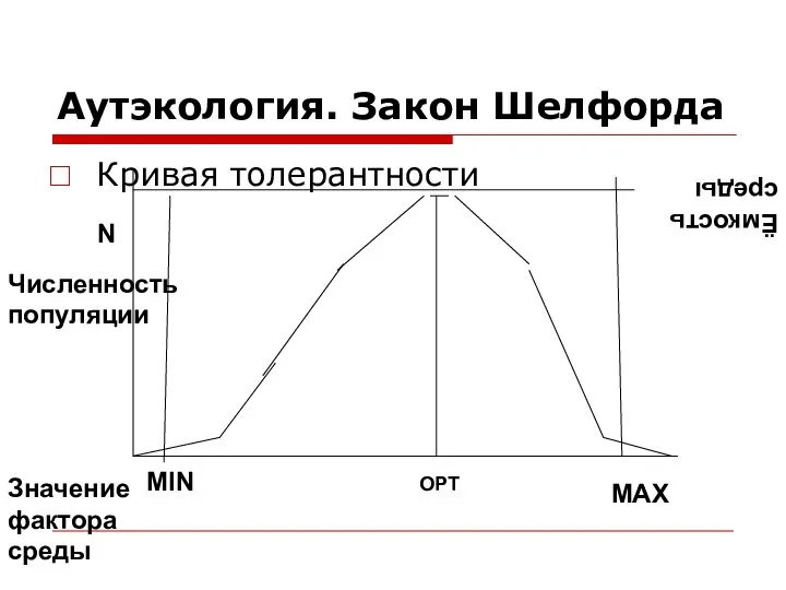 Аутэкология. Закон Шелфорда Кривая толерантности MIN MAX OPT N Ёмкость среды Численность популяции Значение фактора среды