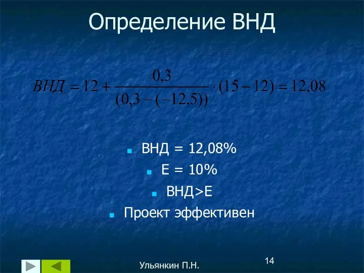 Определение ВНД Ульянкин П.Н. ВНД = 12,08% E = 10% ВНД>E Проект эффективен