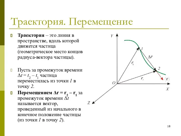 Траектория. Перемещение Траектория – это линия в пространстве, вдоль которой движется