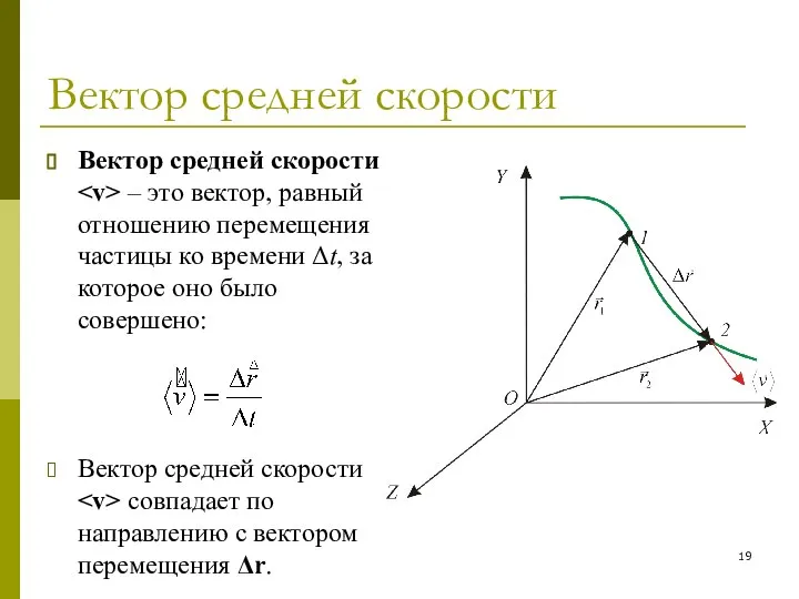 Вектор средней скорости Вектор средней скорости – это вектор, равный отношению