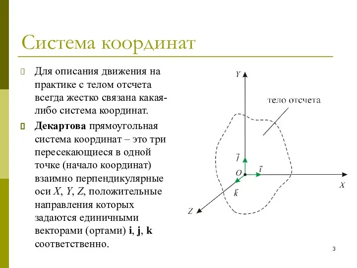 Система координат Для описания движения на практике с телом отсчета всегда