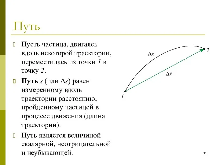 Путь Пусть частица, двигаясь вдоль некоторой траектории, переместилась из точки 1