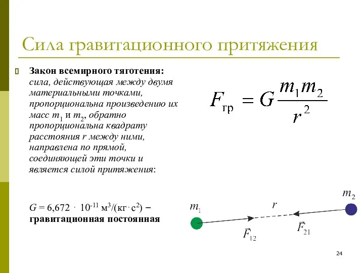 Сила гравитационного притяжения Закон всемирного тяготения: сила, действующая между двумя материальными