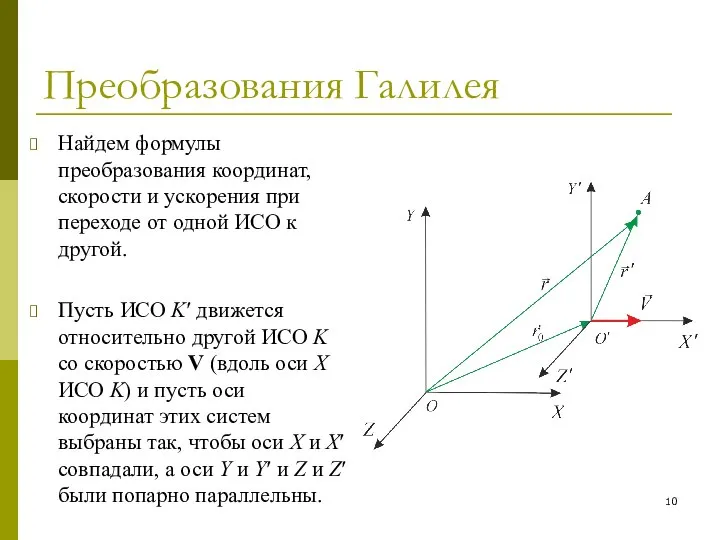 Преобразования Галилея Найдем формулы преобразования координат, скорости и ускорения при переходе