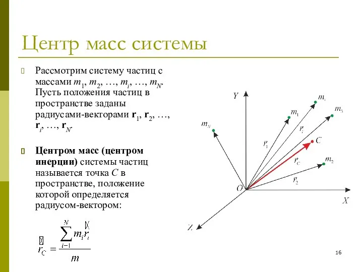 Центр масс системы Рассмотрим систему частиц с массами m1, m2, …,