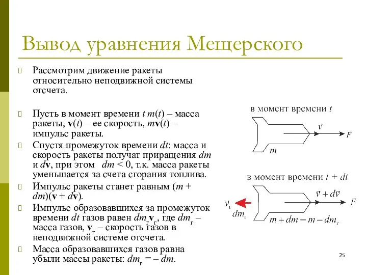 Вывод уравнения Мещерского Рассмотрим движение ракеты относительно неподвижной системы отсчета. Пусть