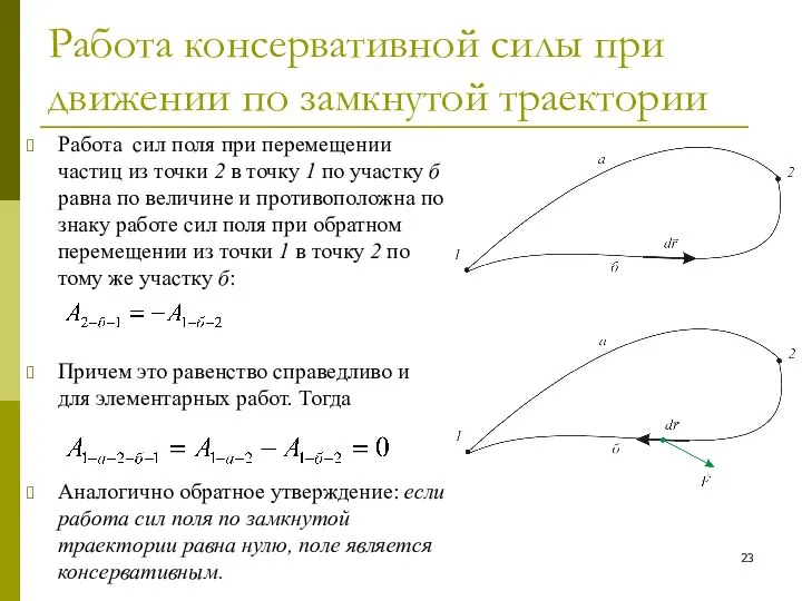 Работа консервативной силы при движении по замкнутой траектории Работа сил поля