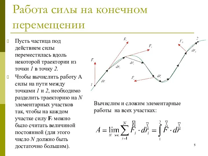 Работа силы на конечном перемещении Пусть частица под действием силы переместилась