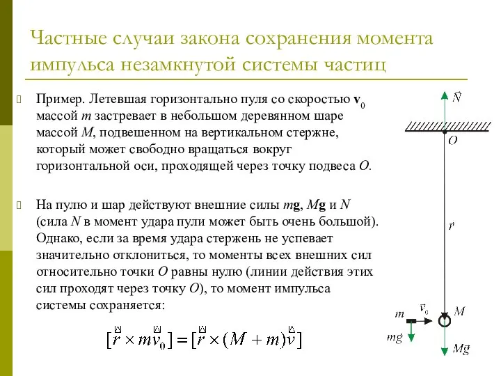 Частные случаи закона сохранения момента импульса незамкнутой системы частиц Пример. Летевшая