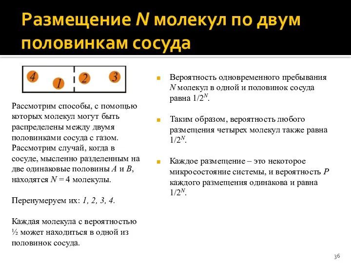 Размещение N молекул по двум половинкам сосуда Вероятность одновременного пребывания N