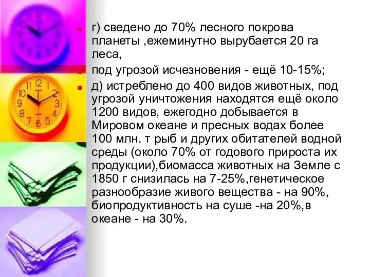 г) сведено до 70% лесного покрова планеты ,ежеминутно вырубается 20 га