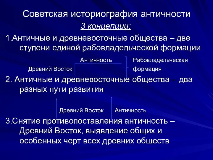 Советская историография античности 3 концепции: 1.Античные и древневосточные общества – две