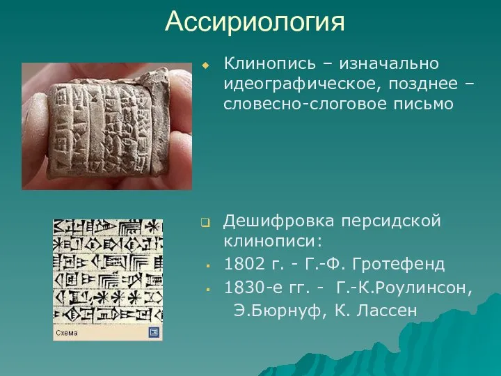 Ассириология Клинопись – изначально идеографическое, позднее – словесно-слоговое письмо Дешифровка персидской