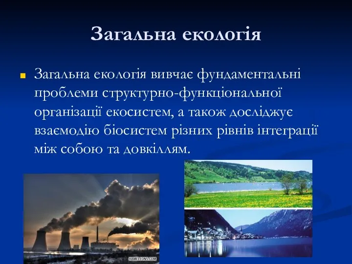 Загальна екологія Загальна екологія вивчає фундаментальні проблеми структурно-функціональної організації екосистем, а