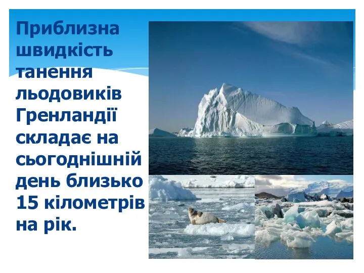 Приблизна швидкість танення льодовиків Гренландії складає на сьогоднішній день близько 15 кілометрів на рік.