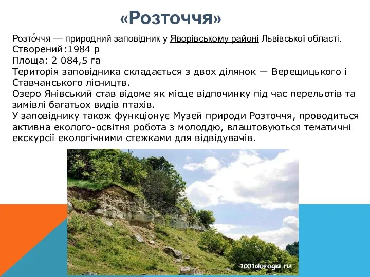 «Розточчя» Розто́ччя — природний заповідник у Яворівському районі Львівської області. Створений:1984